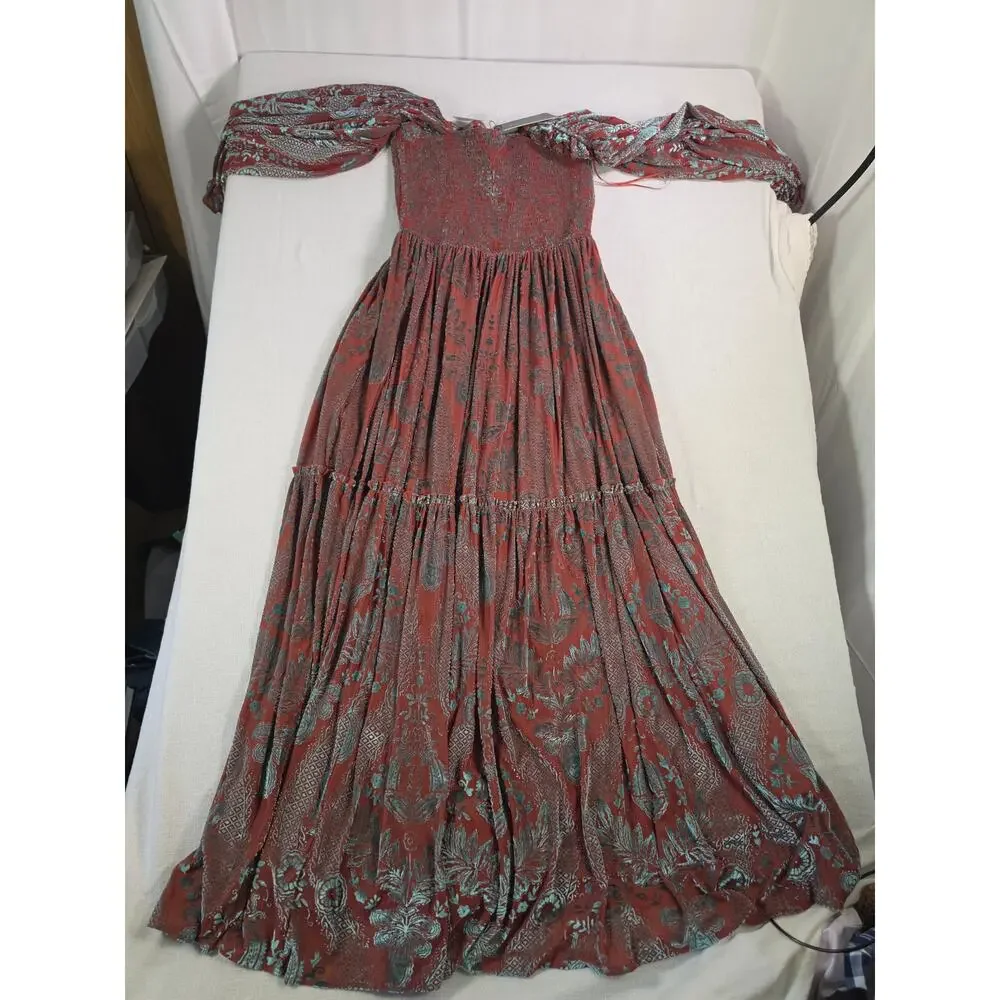 Fate NWT Rust Teal Velvet Burnout Maxi Dress Sz M